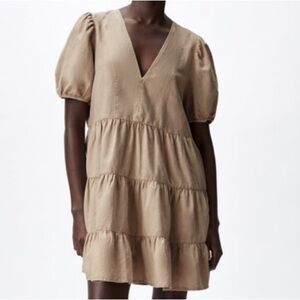 Zara Tan Puff Sleeve Mini Dress